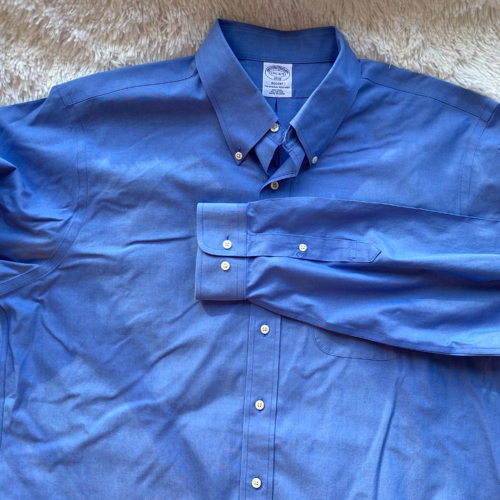BROOKS BROTHERS Mens Regent Fit Blue Non-Iron Button Down Dress Shirt 17.5-4/5